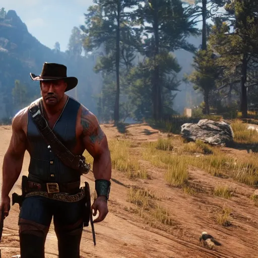 Image similar to High-quality screenshot of Dwayne The Rock Johnson in Red Dead Redemption 2, 8k cgsociety artstation