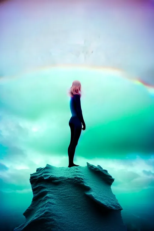 Image similar to high quality pastel coloured film close up wide angle photograph of a model wearing clothing swimming on cloud furniture in a icelandic black rock!! environment in a partially haze filled dreamstate world. three point light, rainbow. photographic production. art directed. pastel colours. volumetric clouds. pastel gradient overlay. waves glitch artefacts. extreme facial clarity. 8 k. filmic.