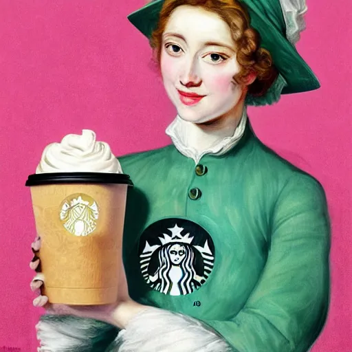 Prompt: eavenly summer sharp land sphere scallop well dressed lady holding a starbucks coffee, auslese, by peter paul rubens and eugene delacroix and karol bak, hyperrealism, digital illustration, fauvist, starbucks coffee, green coffee logo