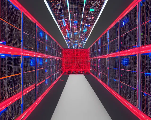 Prompt: datacenter with server in the middle, red laser grid, deep view, heavy blue led lights, wires connected, award winning, extremely detailed, artstation, 8 k, incredible art