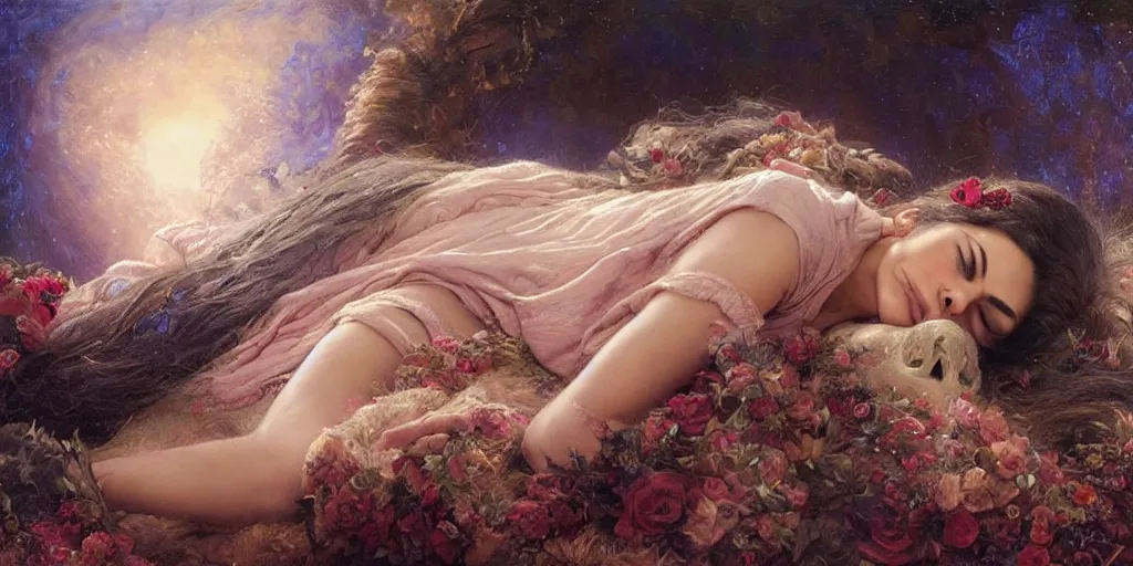 Image similar to Mila Kunis falling asleep, Lilia Alvarado, Sophie Anderson, Mark Arian, Bob Byerley, Charlie Bowater, Mark Brooks, Steve Henderson, Justin Gerard, Arthur Hughes, Edward Robert Hughes, Mark Keathley, Victor Nizovtsev, Carlos Shwabe, Ross Tran, WLOP