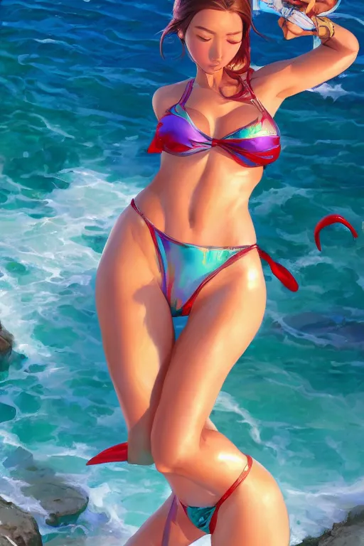Image similar to beautiful girl bikini by artgerm, tooth wu, dan mumford, beeple, wlop, rossdraws, james jean, marc simonetti, artstation giuseppe dangelico pino and michael garmash and rob rey and greg manchess and huang guangjian and makoto shinkai
