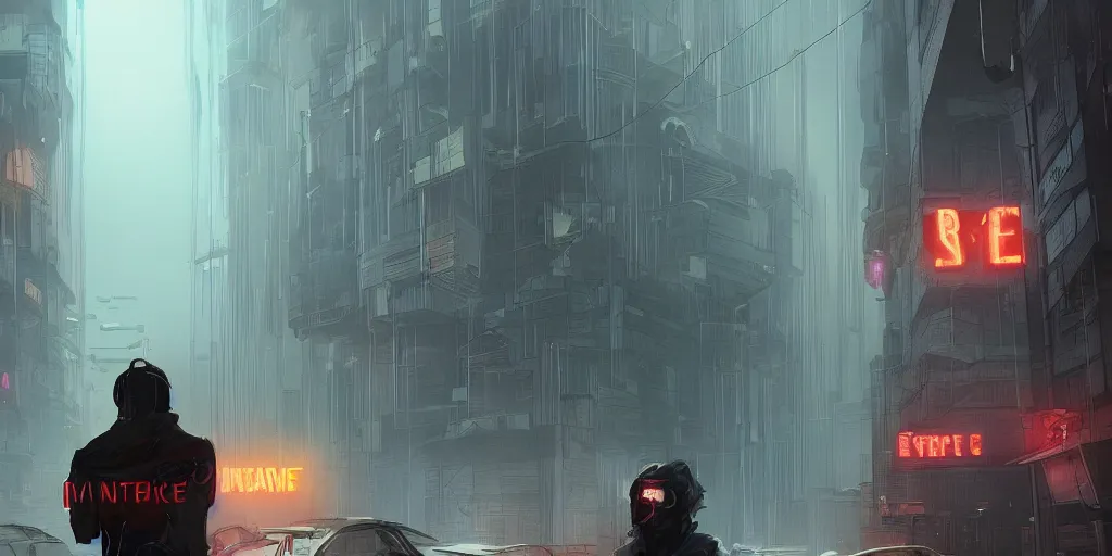 Image similar to rue boss giving a bad time to an anonymous guard in the office of a cyberpunk dystopian city at day in an orange fog artstation