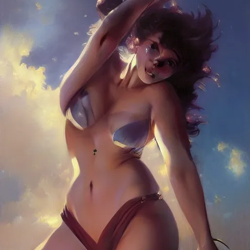 Image similar to A beautiful oil painting of a pretty anime girl Margot Robbie in bikini, by Lucas Graciano, Frank Frazetta, Greg Rutkowski, Boris Vallejo, epic, fantasy, character art, high fantasy