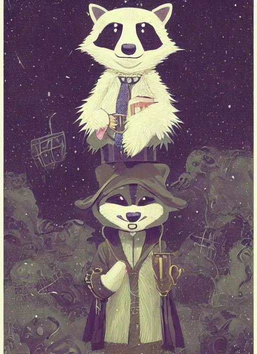 Prompt: a fantasy illustration portrait of an anthropomorphic raccoon mage, by victo ngai, by stephen gammell, by george ault, in the style of animal crossing, artstation