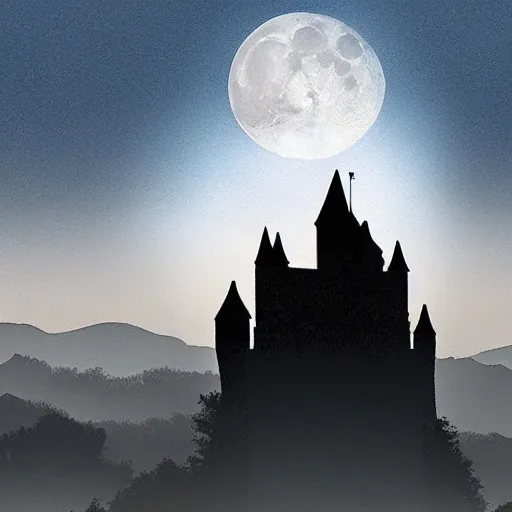 Prompt: silhouette of a castle on misty mountains, digital art, highly detailed, beautiful, calm, full moon