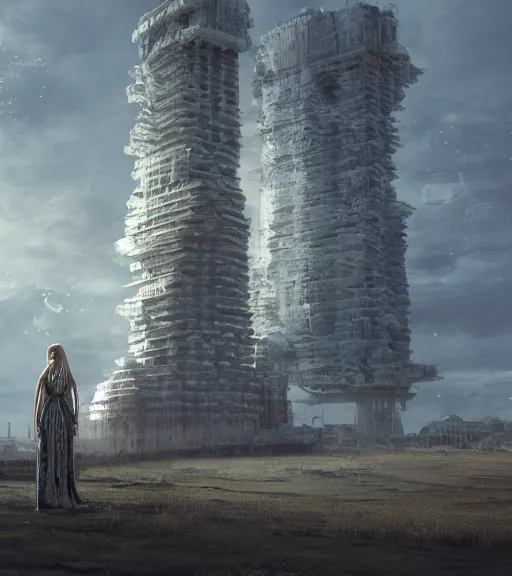 Image similar to tarkovsky greatest scene, the ancient destroyed majestic tower of babylon, woman in futuristic cyber clothing, transparent puffer jacket, hyper realistic, blockchain, cyber world, ambient lighting, concept art, intricate, hyper detailed, smooth, dynamic volumetric lighting, octane, ray trace, cinematic, high quality, high resolution, 4 k, cgsociety