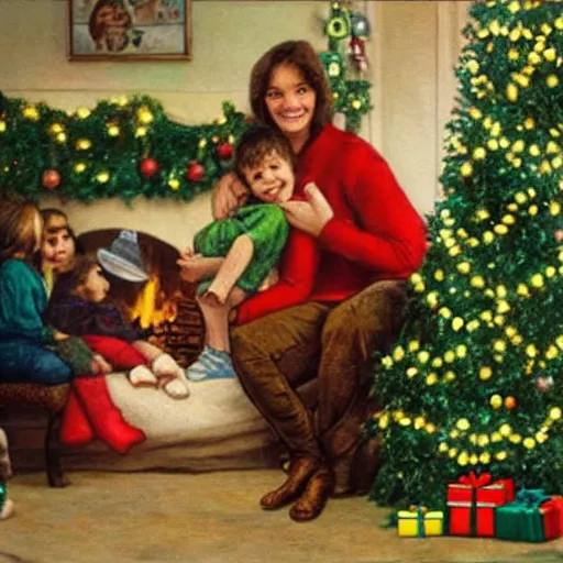 Prompt: “a merry Christmas card realistic painting of a happy family, in the foreground there’s a mother with two children on her lap, a boy and a girl. They’re smiling at the camera. There’s a decorated green Christmas tree and a log fire burning in the background. On the sofa is a scruffy homeless man sleeping.”