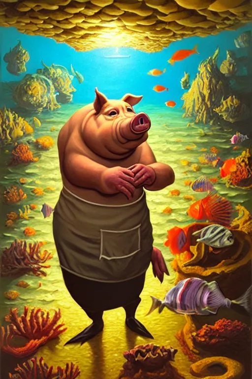 Prompt: classic oil painting, an anthropomorphic bipedal pig that is dressed as a professional chef, as a dnd character, standing under the sea, cottagecore, highly detailed, digital illustration, concept art, smooth, sharp focus, art by tim hildebrandt, and greg hildebrandt