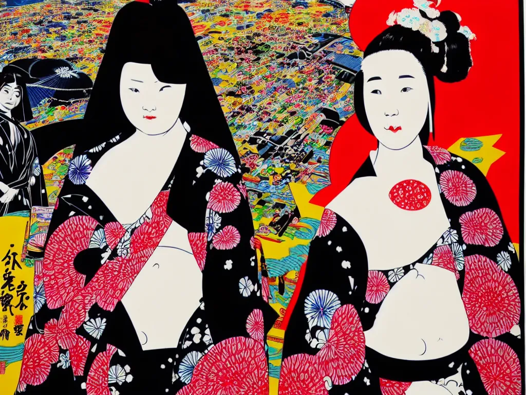 Prompt: hyperrealistic composition of the detailed woman in a japanese kimono sitting at a extremely detailed black jack table with darth vader, fireworks, mountain fuji on the background, pop - art style, jacky tsai style, andy warhol style, acrylic on canvas