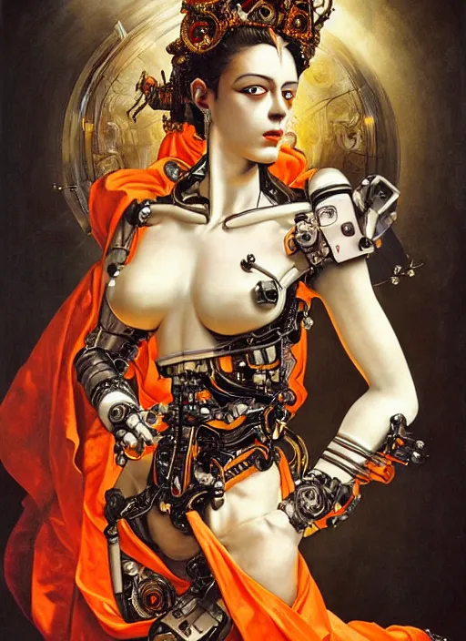 Image similar to full-body rococo and cyberpunk style sculpture of a young seductive Latina princess half android with a chest exposing circuitry, glowing orange seductive laser eyes, crown of red sparks and diamonds, swirling orange-colored silk fabric, robotic raptors. baroque elements. full-length view. intricate artwork by caravaggio. art by Artgerm and Greg Rutkowski and Alphonse Mucha, Trending on artstation, cinematic industrial lighting, hyper realism, octane render, 8k, depth of field, 3D