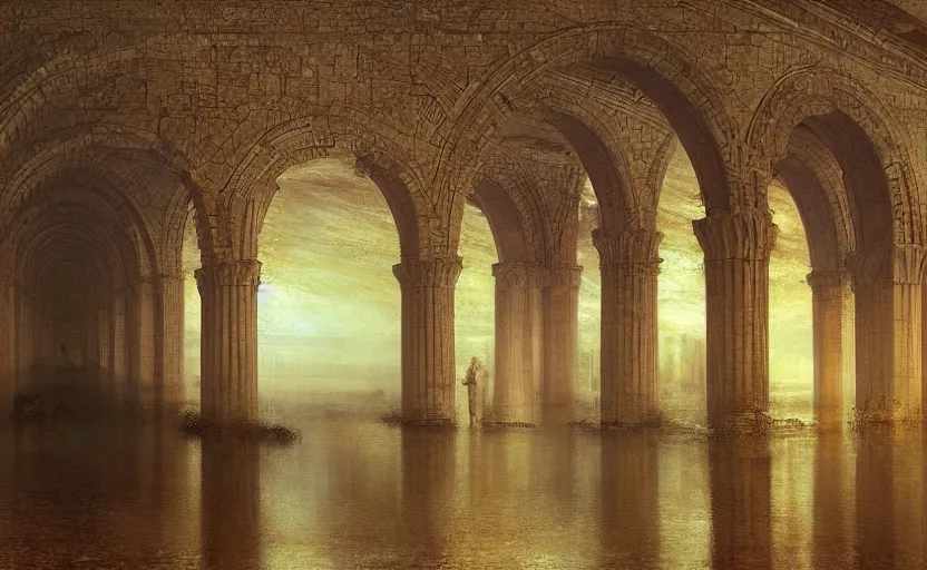 Image similar to tiled room squared waterway, aqueducts, fantasy. intricate. by artstation trending, by joseph mallord william turner, luis royo, konstantin razumov, cinematic lighting, fractal flame, highly detailed