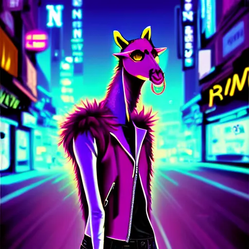 Image similar to beautiful furry digital art portrait commission of an androgynous furry anthro giraffe fursona wearing punk clothes in the streets of a cyberpunk city. neon signs. character design by charlie bowater, ross tran, artgerm, and makoto shinkai
