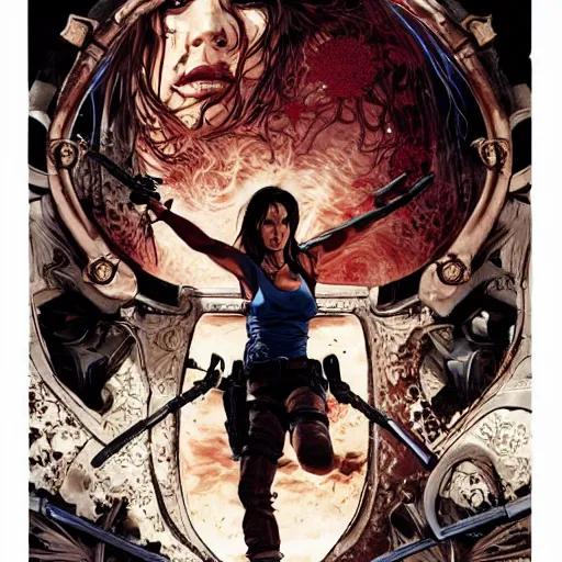 Image similar to portrait of crazy lara croft, symmetrical, cinematic colors, by yoichi hatakenaka, masamune shirow, josan gonzales and dan mumford, ayami kojima, takato yamamoto, barclay shaw, karol bak, yukito kishiro