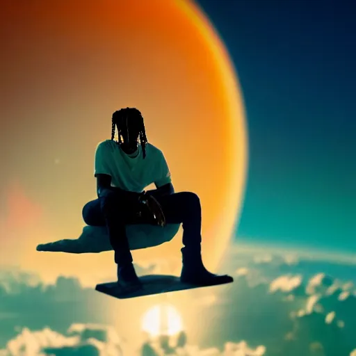 Prompt: Travis Scott sitting on a cloud over Earth, 4k, Aubrey Powell, vintage photo, lens flare, beautiful cinematography, surreal, film grain