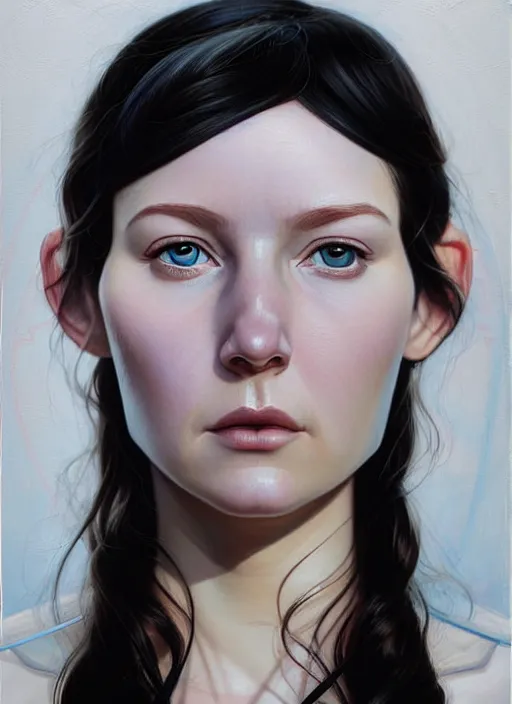 Image similar to artwork by james jean and Phil noto; a close up on the face of a beautiful woman that in a future space suit; wearing futuristic astronaut helmet; highly detailed; pretty eyes; circular black pupils; artwork by james jean and Phil noto