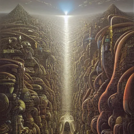 Image similar to cyberpunk by jacek yerka, alex gray, zdzisław beksiński, vladimir kush, dariusz zawadzki, jeffrey smith and h.r. giger, oil on canvas, 8k highly professionally detailed, trending on artstation