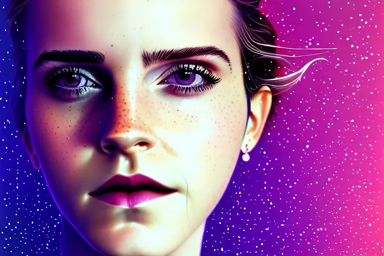 Image similar to surreal Portrait of Emma Watson in dmt chromatic surreal sparkling liquid enviroment , elegant, highly detailed, smooth, photoreal, sharp focus, illustration, beautiful, geometric, dmt trending on artstation, cinematic, artwork by WLOP