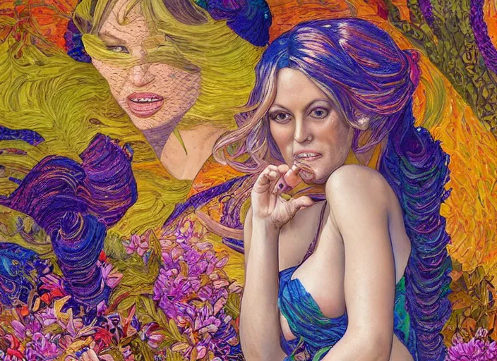 Prompt: stormy daniels full body, exterior botanical garden, portrait face, colorful, in the style of frantisek kupka, intricate, miles johnston, kuroda seiki, cynical realism, ozabu, john william godward, painterly, yoshitaka amano, moebius, beautiful lighting, miles johnston, klimt, louise zhang, james jean