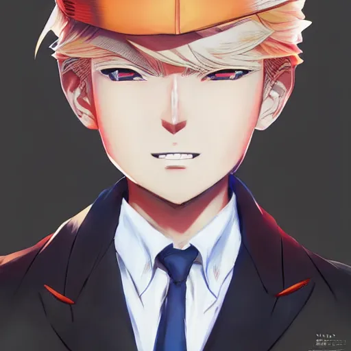 Image similar to anime portrait of Trump as an anime boy by Stanley Artgerm Lau, WLOP, Rossdraws, James Jean, Andrei Riabovitchev, Marc Simonetti, and Sakimichan, trending on artstation