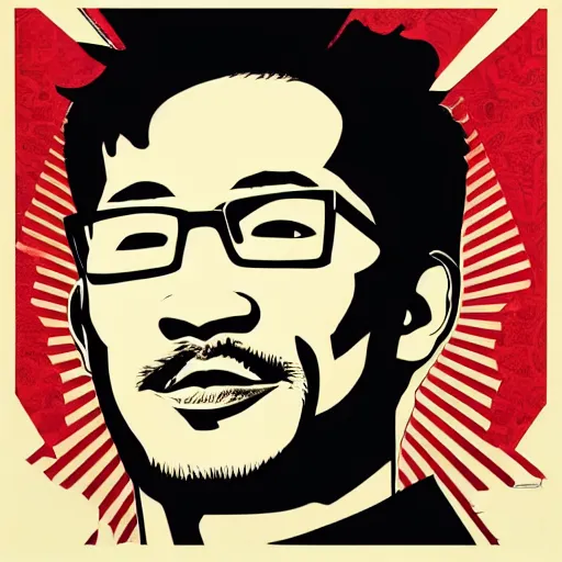 Prompt: a portrait of markiplier painted by shepard fairey