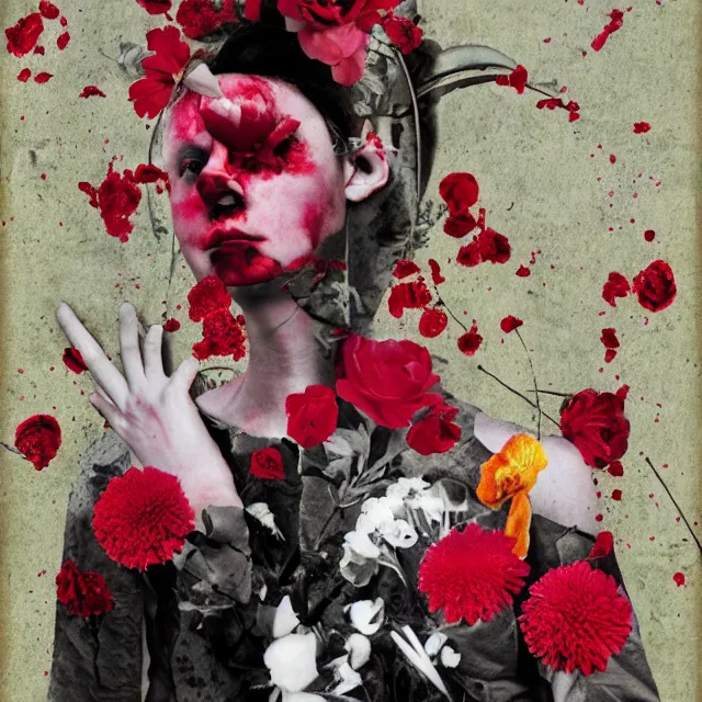 Prompt: flowers and blood, surrealistic collage art