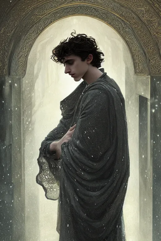 Image similar to portrait of timothee chalamet as dream of the endless, the sandman, grey clothes, in persian temple wet night, sci - fi and fantasy, intricate and very very beautiful and elegant, highly detailed, digital painting, artstation, concept art, smooth and sharp focus, illustration, art by tian zi and wlop and alphonse mucha