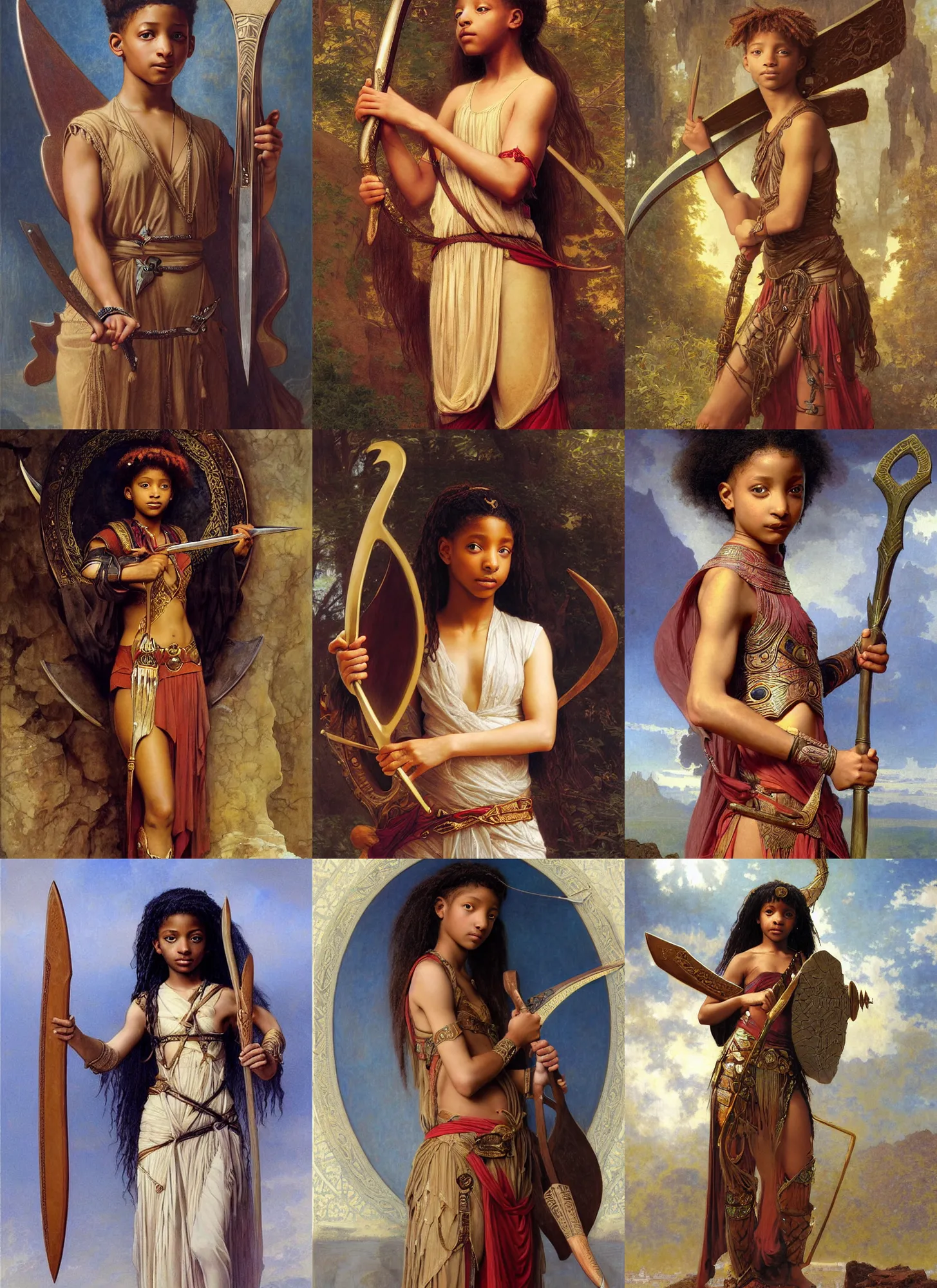 Prompt: willow smith young, ancient libu princess, holding khopesh and shield, highly detailed, artstation, concept art, sharp focus, illustration, orientalism, edwin long, bouguereau, briclot, rutkowski, mucha