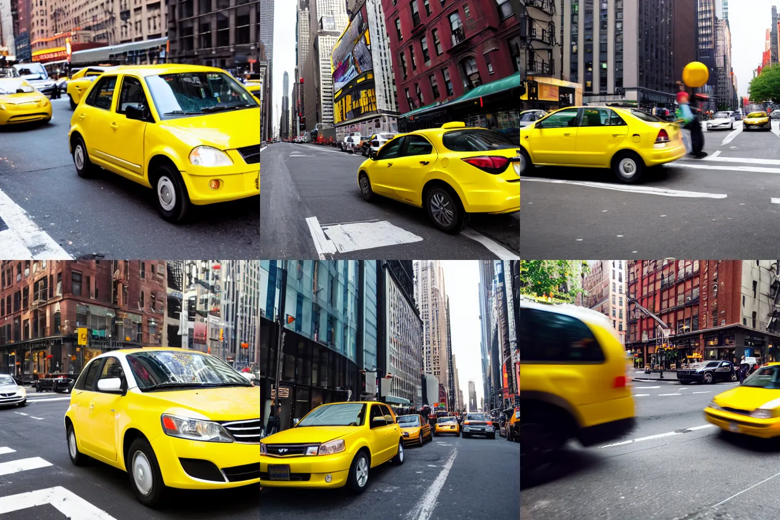 Prompt: a small yellow car driving in New York city