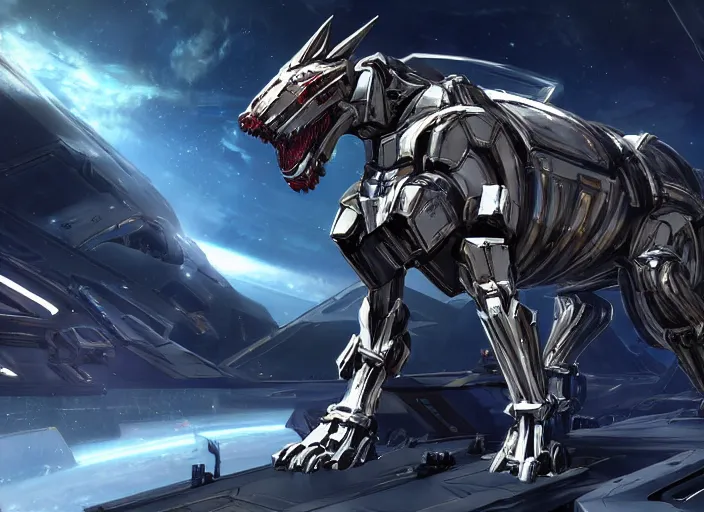 Prompt: cinematic, space station vore station, handsome stunning realistic, good boi giant mecha hound, warframe hound, taller than man, sharp armor, metal dragon tail, glass oled mecha visor, sharp metal dragon claws, synthetic maw, feral body, angular metal, vore art, dragon art, furry art, digital art, octane, furaffinity, deviantart, sofurry