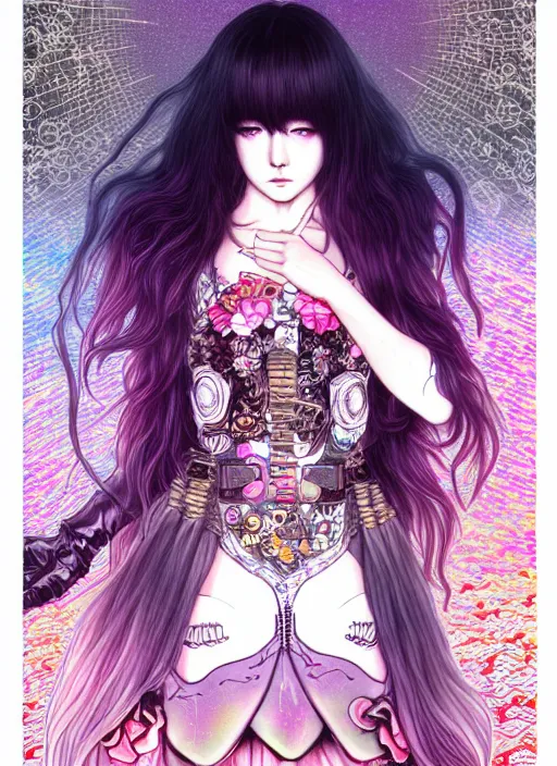 Prompt: highly detailed terada katsuya artstation artgerm manga poster of cat girl mechine, rainbow gradient reflection, ayami kojima, long hair, armor, dress, laces, ruffles, 8 k, maximalist, takato yamamoto