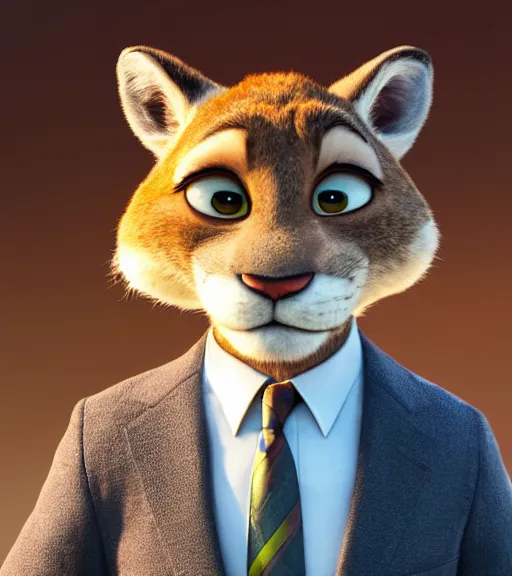 Image similar to a film still from the movie zootopia main character portrait anthro anthropomorphic mountain lion head animal person fursona wearing suit and tie pixar disney dreamworks animation sharp rendered in unreal engine 5 octane key art by greg rutkowski bloom dramatic lighting modeling expert masterpiece render