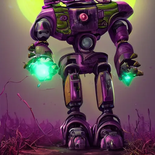 Prompt: corrupted robot sentinel enjoying picking up flower on infested planet, fantasy art, vibrant, hdr