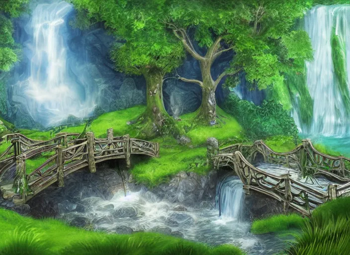 Prompt: A beautiful Elvish house near a waterfall with trees and grass and a bridge, fantasy, detailed, digital painting