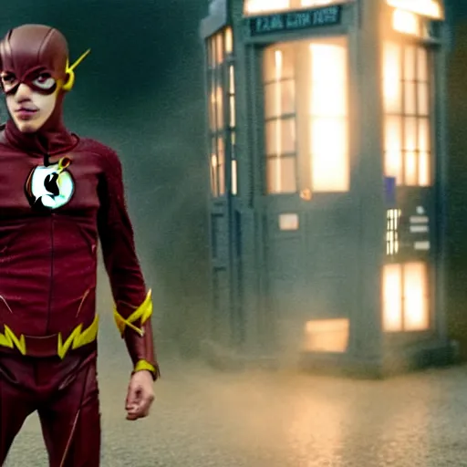 Image similar to film still of the flash exiting the tardis, directed by zach snyder