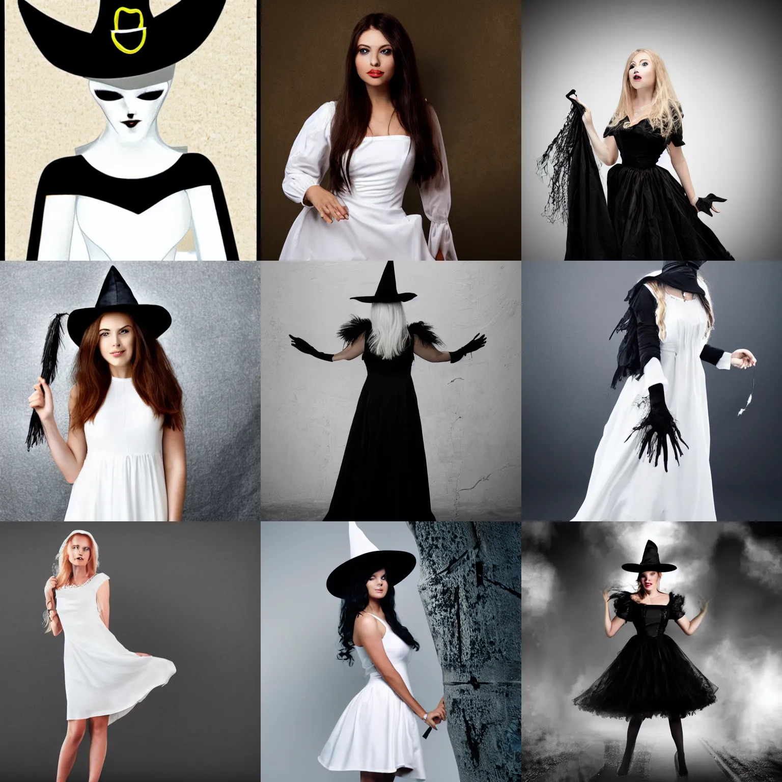 Prompt: witch, white dress, black background