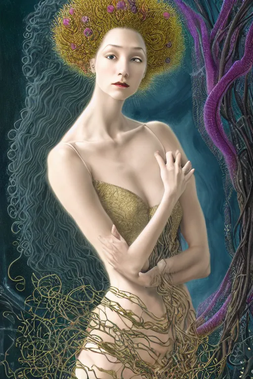 Image similar to portrait of a young female wizard in flowing sensual dress, arrogant, long fine flowing hair, delicate, looking at camera, slight nerdy awkward smile, realistic face, stylish, elegant, grimdark fantasy, flowers, mysterious, extremely detailed painting inspired by Gerald Brom and Ernst Haeckel and Victor Nizovtsev, studio lighting