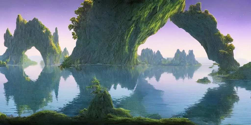 Image similar to crystal arches, over a quiet splendid lake, summer, morning, beautiful matte painting of a science-fiction planet, Moebius, Roger Dean, Artstation, Artstation, Artstation