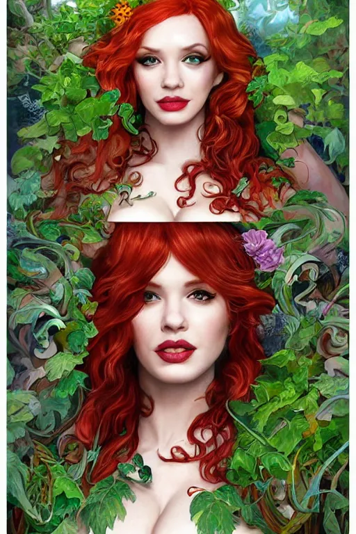 Prompt: three-quarters pose portrait of Christina Hendricks as Poison Ivy, very beautiful young woman, ginger wavy hair, Intricate, nature and flowers tattoos and imagery themed, D&D!, fantasy style, sharp focus!, ultra detailed, art by Artgerm and Peter Andrew Jones, WLUP