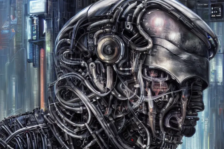 Prompt: an extremely high quality hd, a digital painting of a man's face surrounded by mechanical parts, cyberpunk art by h. r. ( hans ruedi ) giger, featured on cgsociety, afrofuturism, circuitry, tesseract, dystopian art, 8 k, ultra realistic, very realistic