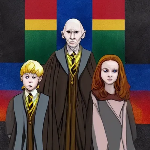 Image similar to harry potter with voldemort, pride flag in background, full picture, art by normal rockwell