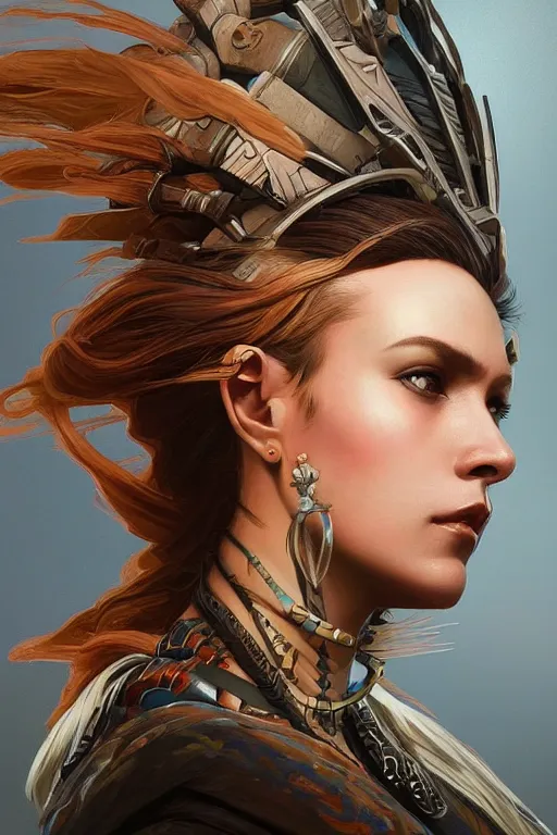 Image similar to symmetry!! portrait of woman with hawk features in the style of horizon zero dawn, machine face, intricate, elegant, highly detailed, digital painting, artstation, concept art, smooth, sharp focus, illustration, art by artgerm and greg rutkowski and alphonse mucha, 8 k