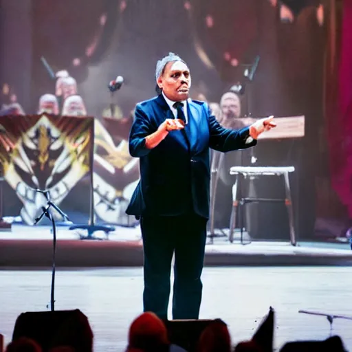 Prompt: viktor orban giving his last concert, concert photography