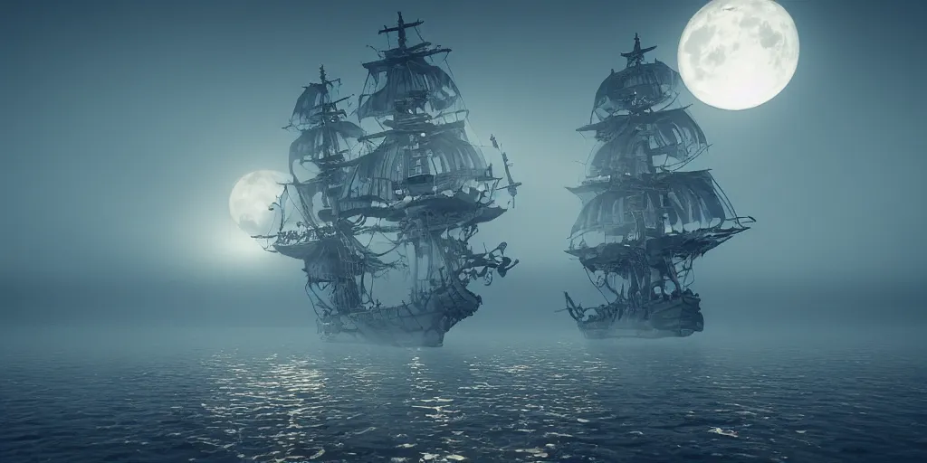 Image similar to ethereal ghost pirate ship at open sea at night, full moon behind it, 3 d art, octane render, 6 k, unreal engine