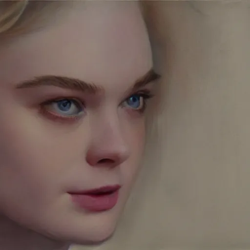 Image similar to Elle Fanning at a diner, head and shoulders portrait, stormy weather, extremely detailed masterpiece, Roger Deakin’s cinematography, oil on canvas, Johannes Vormeer,