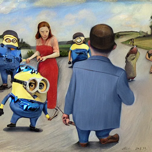 Image similar to the day to day life of the minions, realism movement painting by Christian Krohg