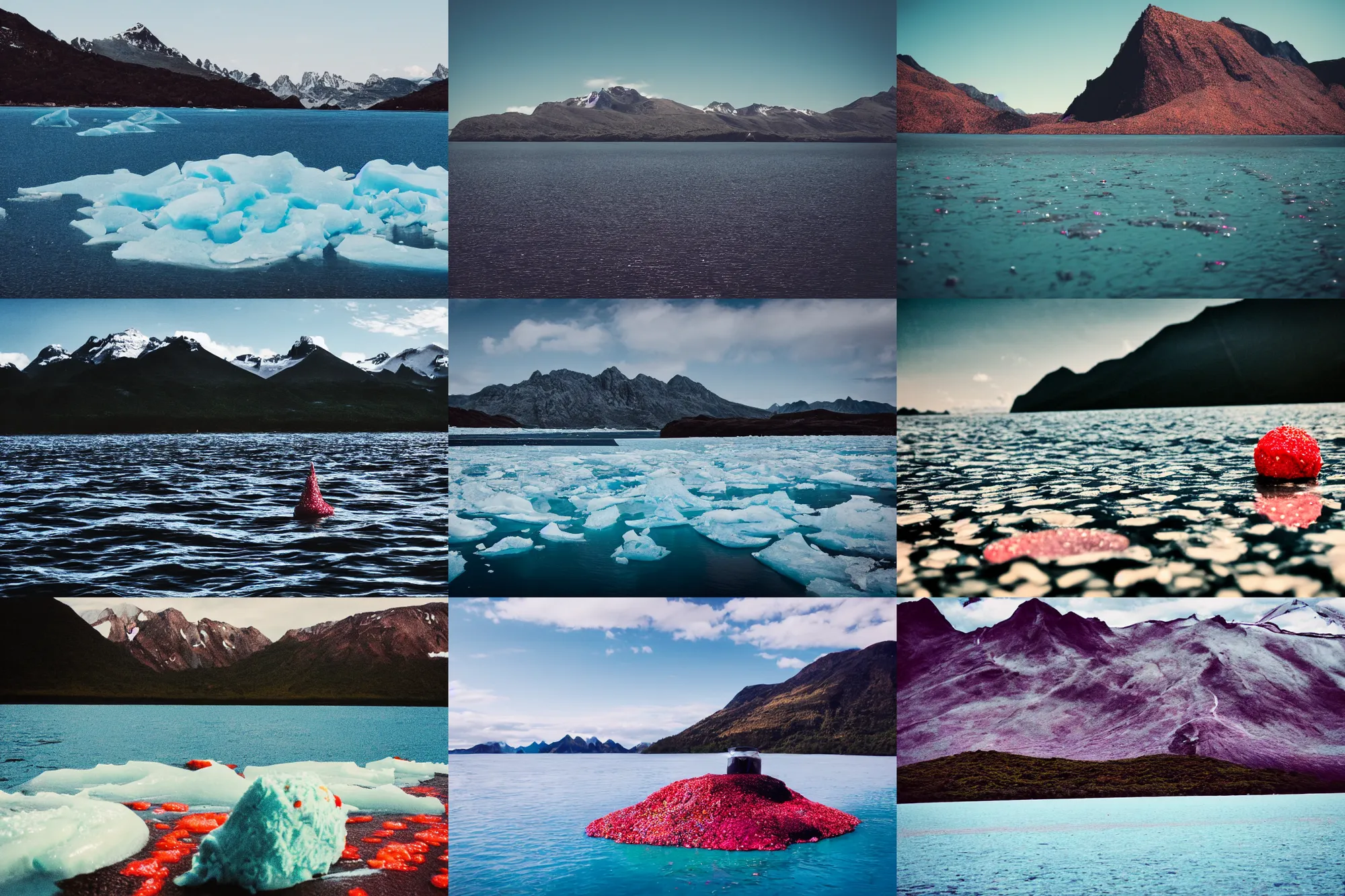 Image similar to an island made of caviar, mountains made of ice cream, coke water ( dark brown water ), colourful, photo taken from a boat, 3 5 mm, cinematic