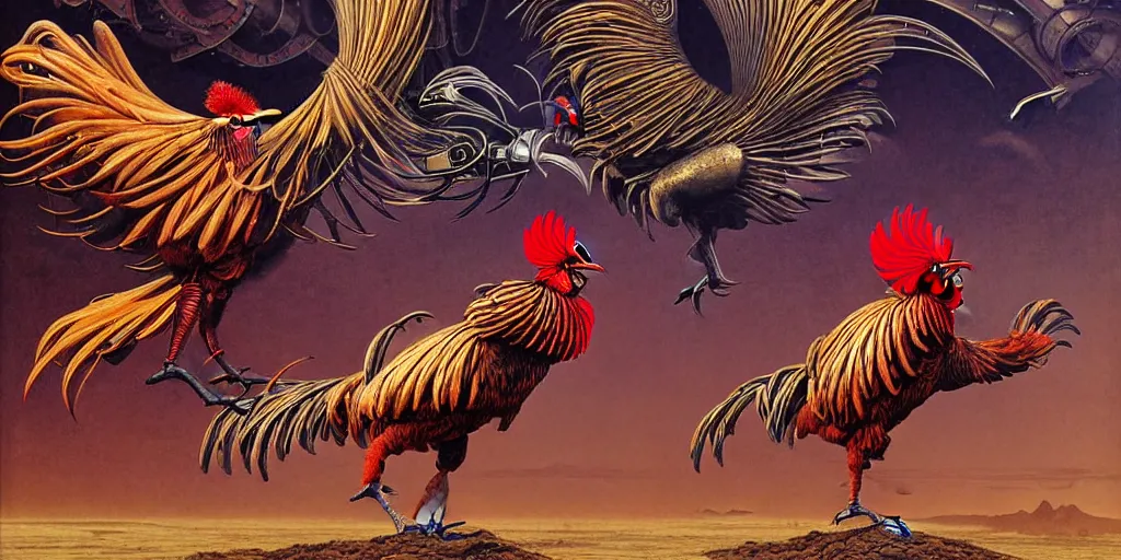 Prompt: digital painting of two mechanical roosters fighting, by wayne barlowe and bob pepper and karl wilhelm de hamilton, dieselpunk, steampunk, highly detailed, intricate, sharp focus, portrait, talons, anatomy, beak, wings