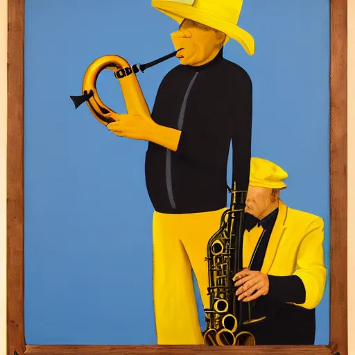 Prompt: man in a yellow costume, yellow hat, holding a saxophone, smoking a cigarette, blue skin, blue smoke, black background, sitting, painting, artwork, meditative