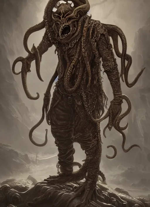 Prompt: detailed full body concept art illustration matte painting of a Cthulhu pirate in full intricate clothing, ultra detailed, digital art, octane render, 4K, dystopian, micro details